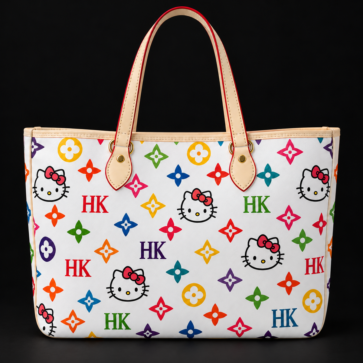 Colorful Kitty Tote on a matte black studio background