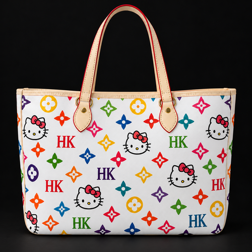 Colorful Kitty Tote on a matte black studio background
