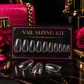 Nail sizing kit design concept with clear sample tips on a black card with pink and gold accents
