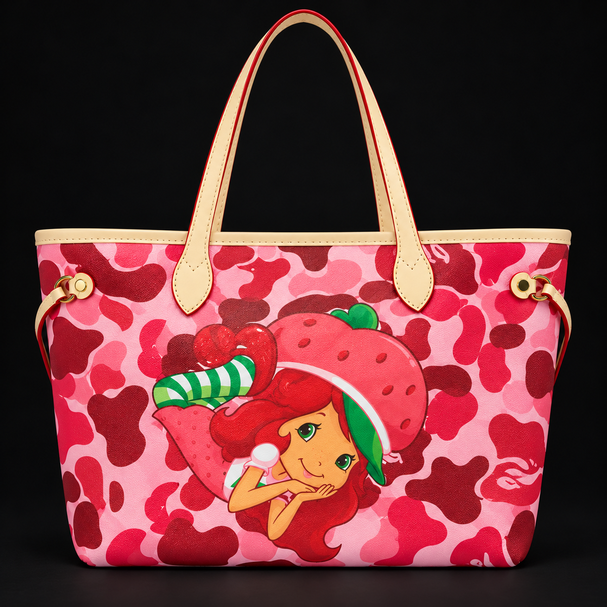 Strawberry Sweetheart Tote on a matte black studio background